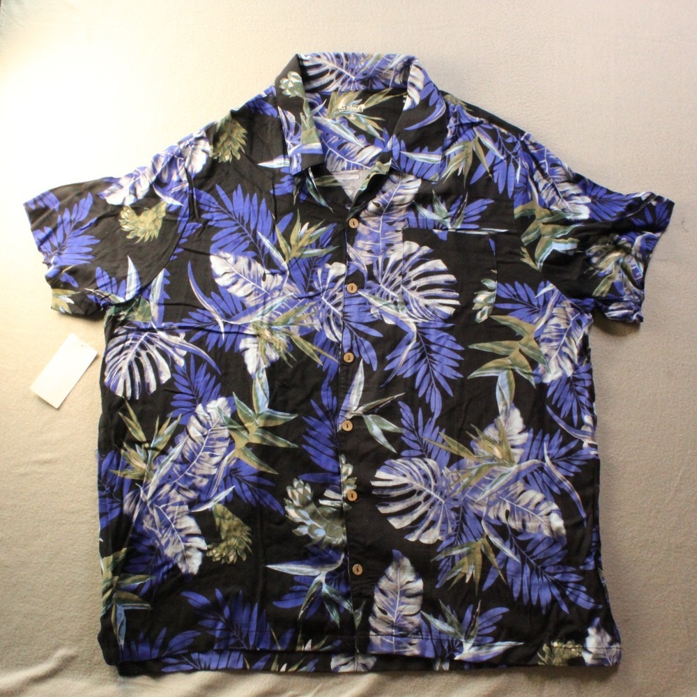 KS Island Mens 2XL Hawaiian Shirt Blue Tropical Print Aloha Vacation Button Up